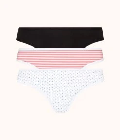 The Cotton Thong Bundle - Print: Mini Polka/Coral Stripe/Jet Black