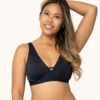 The Eco Deep V Bralette: Jet Black -KIKIO Underwear Shop 1 on model front eco deep v bralette jet black