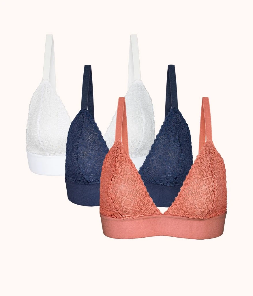 The Crochet Lace Bralette Trio: Navy/Matte Rose/White 3 The Crochet Lace Bralette Trio: Navy/Matte Rose/White