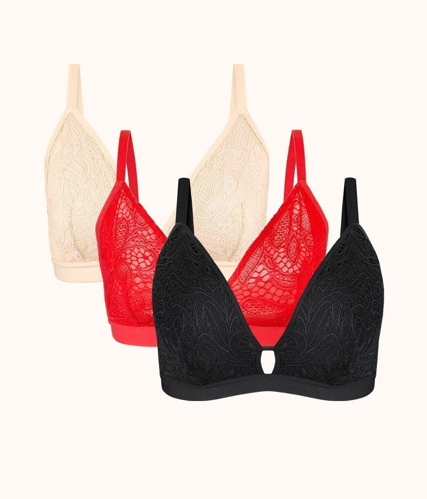 The Palm Lace Busty Bralette Trio: Toasted Almond/Jet Black/Tomato Red 3 The Palm Lace Busty Bralette Trio: Toasted Almond/Jet Black/Tomato Red