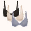 The T-Shirt Bra Trio: Toasted Almond/Jet Black/Smoke 2 The T-Shirt Bra Trio: Toasted Almond/Jet Black/Smoke -KIKIO Underwear Shop 1 product flat front the tshirt bra trio multi
