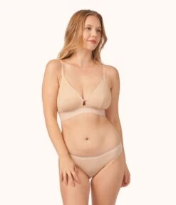 KIKIO Underwear Shop -KIKIO Underwear Shop 2 on model front busty stripe mesh bralette bundle toasted almond jet black 388ab3d7 b4bd 4917 999d dda65c28783b