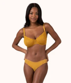 The Palm Lace Bikini: Turmeric -KIKIO Underwear Shop 2 on model front1 palm lace bikini turmeric