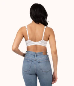 The Crochet Lace Plunge Bralette: Fresh White -KIKIO Underwear Shop 3 on model back crochet lace plunge bralette fresh white