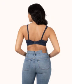 The Crochet Lace Plunge Bralette: Navy -KIKIO Underwear Shop 3 on model back crochet lace plunge bralette navy