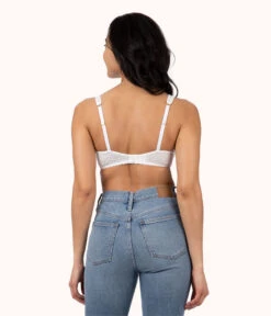 The Crochet Lace Unlined Plunge Bra: Fresh White -KIKIO Underwear Shop 3 on model back crochet lace unlined plunge bra fresh white