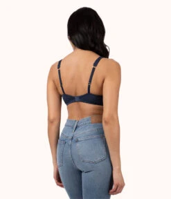 The Crochet Lace Unlined Plunge Bra: Navy 12 The Crochet Lace Unlined Plunge Bra: Navy -KIKIO Underwear Shop 3 on model back crochet lace unlined plunge bra navy