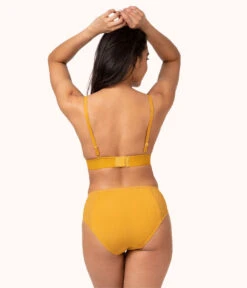 The Long-Lined Lace Bralette: Turmeric -KIKIO Underwear Shop 3 on model back long lined lace bralette turmeric