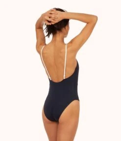 The V One Piece: Navy/White -KIKIO Underwear Shop 3 on model back v one piece navy a589f683 8576 4028 b6f9 effcb05683b3