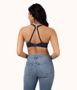 The Crochet Lace Unlined Plunge Bra: Navy 13 The Crochet Lace Unlined Plunge Bra: Navy -KIKIO Underwear Shop 4 on model back1 crochet lace unlined plunge bra navy