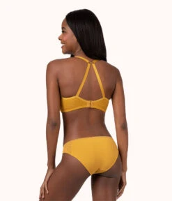 The Unlined Lace Bra: Turmeric -KIKIO Underwear Shop 4 on model back1 unlined lace bra turmeric