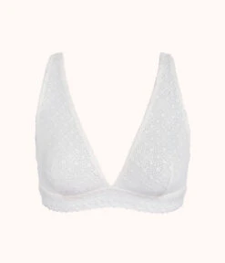 The Crochet Lace Plunge Bralette: Fresh White -KIKIO Underwear Shop 4 product flat front crochet lace plunge bralette fresh white