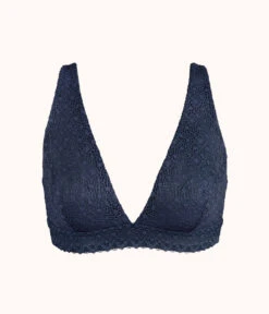 The Crochet Lace Plunge Bralette: Navy -KIKIO Underwear Shop 4 product flat front crochet lace plunge bralette navy