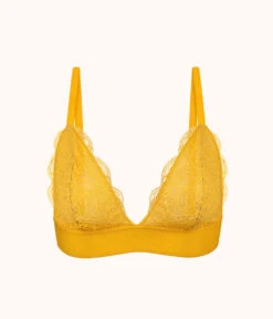 The Long-Lined Lace Bralette: Turmeric -KIKIO Underwear Shop 4 product flat front long lined lace bralette turmeric