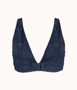 The Crochet Lace Plunge Bralette: Navy -KIKIO Underwear Shop 5 product flat back crochet lace plunge bralette navy