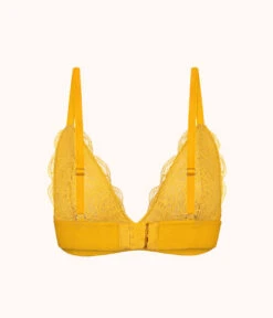 The Long-Lined Lace Bralette: Turmeric -KIKIO Underwear Shop 5 product flat back long lined lace bralette turmeric