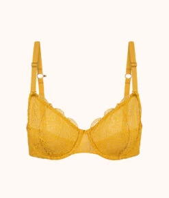 The Unlined Lace Bra: Turmeric -KIKIO Underwear Shop 5 product flat front unlined lace bra turmeric