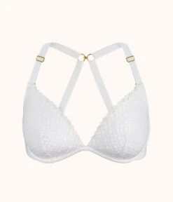 The Crochet Lace Deep V No-Wire Push-Up: Fresh White -KIKIO Underwear Shop 6 product flat front1 crochet lace deep v no wire push up fresh white