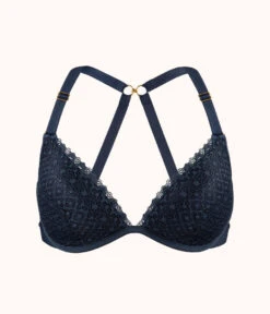 The Crochet Lace Deep V No-Wire Push-Up: Navy 14 The Crochet Lace Deep V No-Wire Push-Up: Navy -KIKIO Underwear Shop 6 product flat front1 crochet lace deep v no wire push up navy