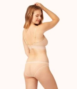 The Busty Stripe Mesh Bralette: Toasted Almond -KIKIO Underwear Shop on model back busty stripe mesh bralette toasted almond a137488a ec90 4379 ae31 fa8665707959